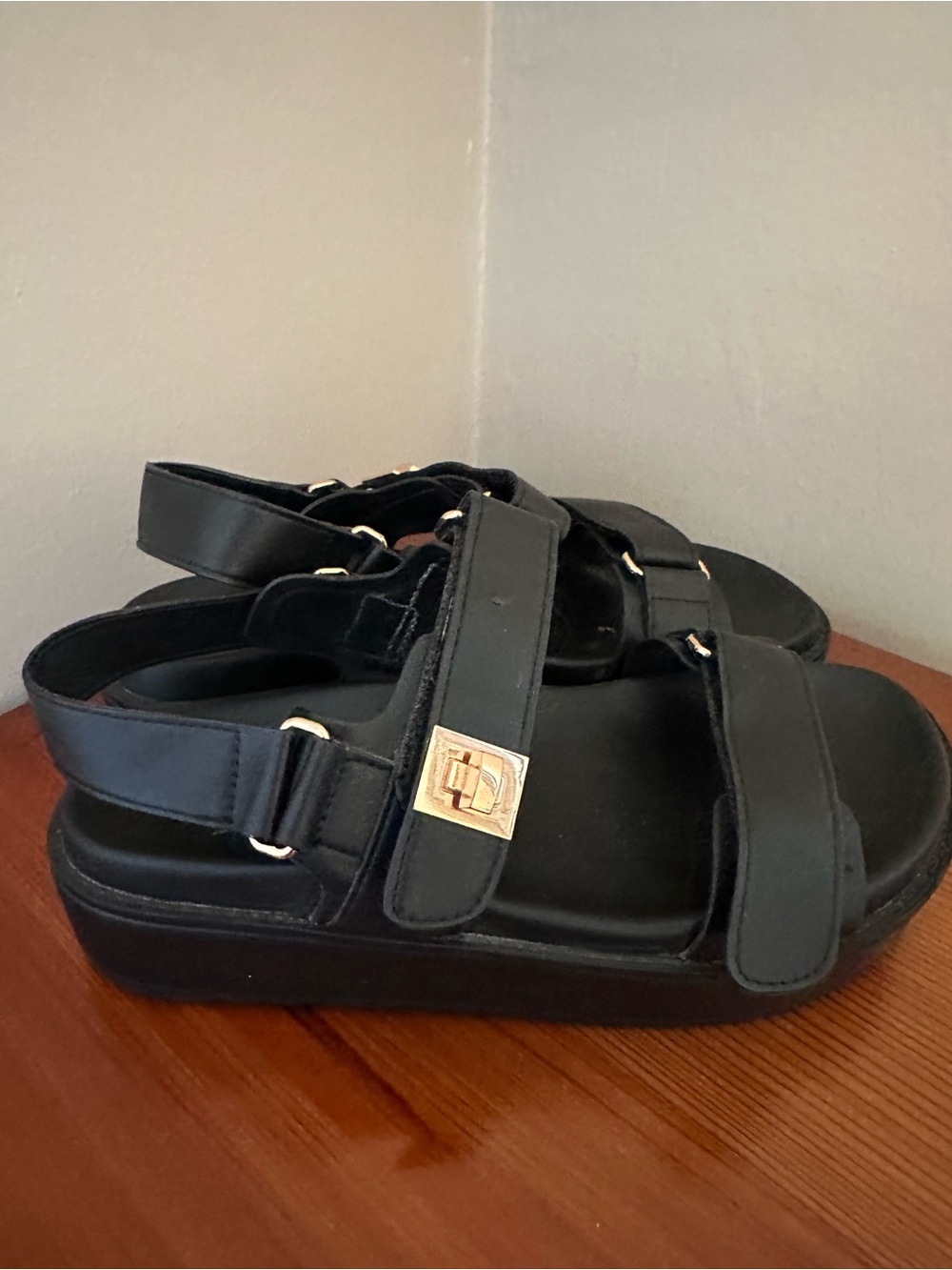 Women’s Black Platform Sandals with Gold Accent